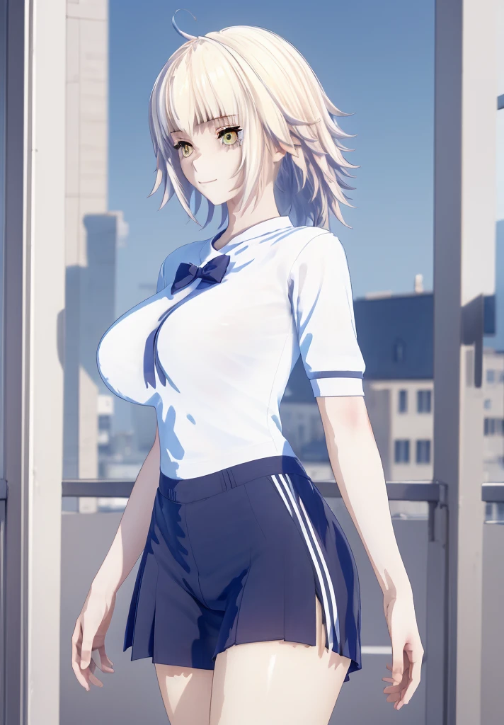 ((masterpiece, Best Quality, Distinctive image)), 1 girl, alone, alter of joan of arc, big breasts, Schoolgirl, School uniform, pleated skirt, seraph, White shirt, black skirt, looking at the viewer, standing, carrying a school backpack, cowboy shot, city, building, beautiful sky 