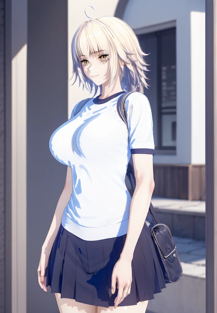 ((masterpiece, Best Quality, Distinctive image)), 1 girl, alone, alter of joan of arc, big breasts, Schoolgirl, School uniform, pleated skirt, seraph, White shirt, black skirt, looking at the viewer, standing, carrying a school backpack, cowboy shot, city, building, beautiful sky 