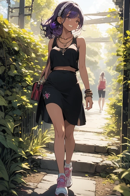 ((masterpiece, best quality, ultra-detailed)), 1girl, beautiful woman walking through a garden, smiling, red tank top, bracelet, necklace, black pencil skirt, white sneakers, black socks, wearing headphones, full body, purple hair