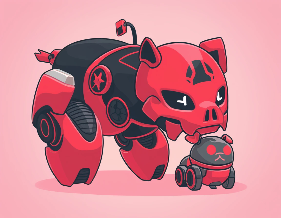Red Skull with a robot pet in pig art style