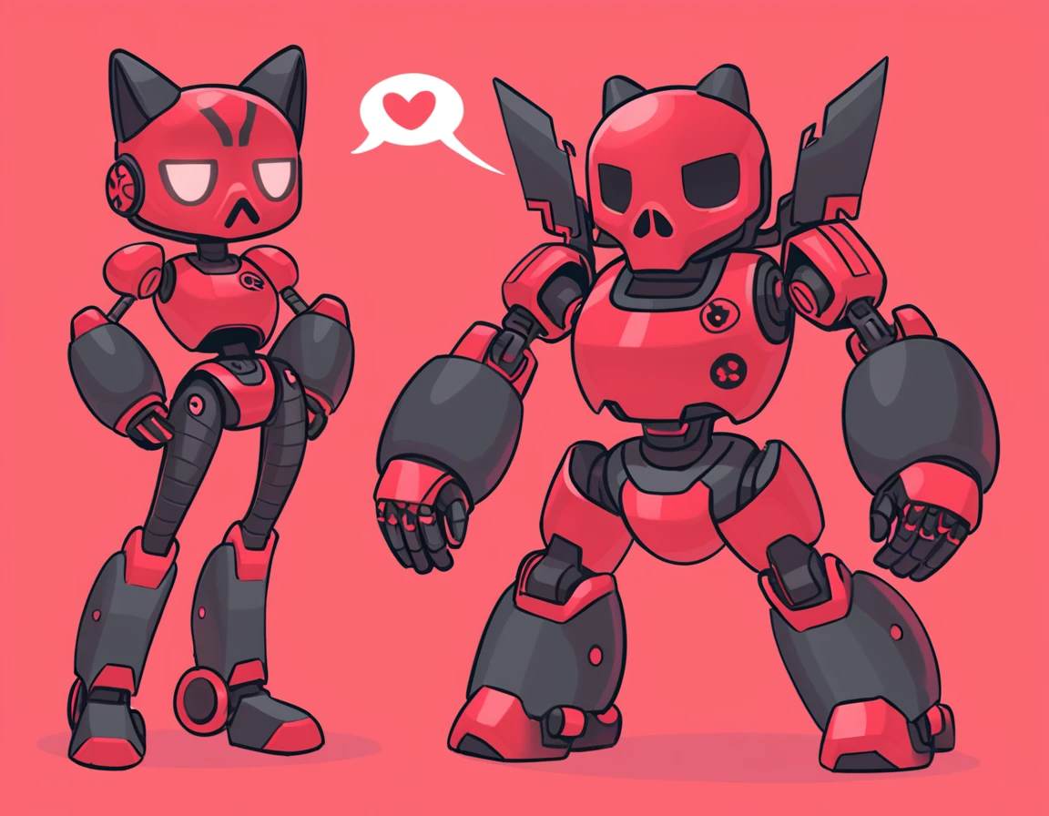 Red Skull with a robot pet in pig art style
