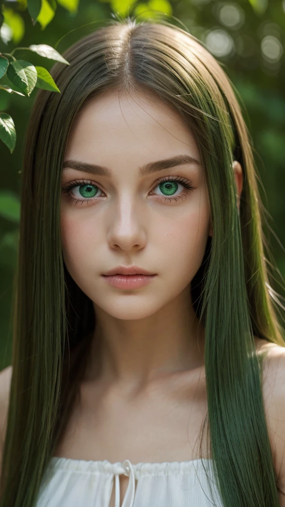 a girl.  face sent feeling.  Europe.  Oval face.  long face.  delicate facial features.  sad eyes.  seductively seductive.  green eyes.  long straight hair.  green hair.  insensitivity.  shy.  straight face.  outdoor