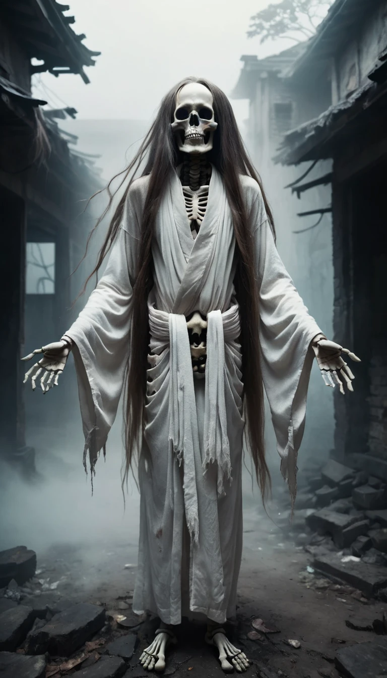 Create an image of a skeleton with long hair wearing a tattered white kimono. The skeleton should be standing in the middle of a dilapidated, abandoned building at night, with a misty atmosphere. The pose should look like it is about to move, giving an eerie and unsettling feeling. The background should include broken walls, debris, and faint moonlight breaking through the fog.