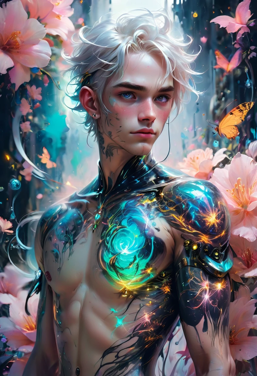 2 guys ethereal demonic 25 year old anime guy male druids, with metallic long pale blond hair, delicate masterpiece intimate delicate etched glowing neon tattoos, Fabulous full view painting of a winking beautiful and gorgeous elf ((male)) almost kissing, perfect face, blue/black pastel eyes, long white/black wisp hair, freckles, piercings and tattoo foil print neon body art, laboratory experiment, perfect anatomy, centered, almost perfect, dynamic, very detailed, glowing, artstation, concept art, soft and sharp focus, art by Carne Griffiths and Wadim Kashin, airbrush graffiti techniques, high-definition accent lighting, epic, elven atmosphere, contrasted with vibrant paint colors., futuristic cyborg in the year 2950,