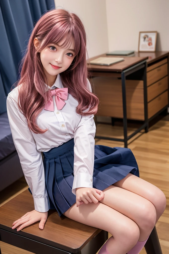 Highest quality,girl,high school girl,uniform,White blouse,Navy blue pleated skirt,Black knee-high, Brown and pink hair, Pink eyes,cute,Sitting,wavy hair,smile,