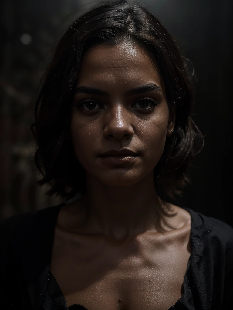 The cover features Beatrice Alves de Araújo in a dark and enigmatic environment, with a tense and intriguing expression. It is partially lit by a dim light, while deep shadows envelop the background. Wagner Moura and Juliana Paes appear in the background, partially obscured by fog, suggesting a plot of mystery and tension. The title "in dark" It&#39;s in big, bold letters, with typography that suggests a suspenseful atmosphere