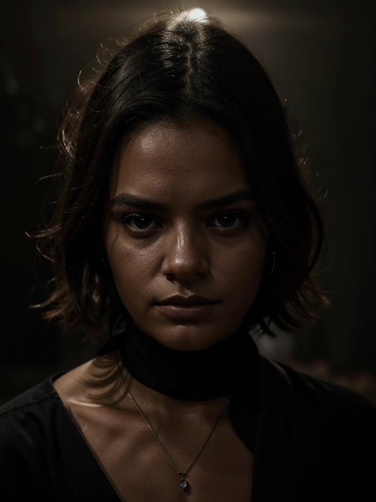 The cover features Beatrice Alves de Araújo in a dark and enigmatic environment, with a tense and intriguing expression. It is partially lit by a dim light, while deep shadows envelop the background. Wagner Moura and Juliana Paes appear in the background, partially obscured by fog, suggesting a plot of mystery and tension. The title "in dark" It's in big, bold letters, with typography that suggests a suspenseful atmosphere