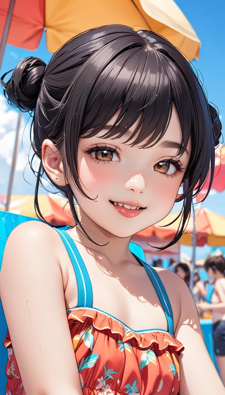 10 year old black haired girl,Beach Summer Festival,Elevation,Flushing,Close-up upper body, tongue out, smiling'Eyes wearing silver-white mirrored lens sunglasses、I looked at the world reflected in the lenses of my sunglasses...(Side Pony,Colorful Hair),