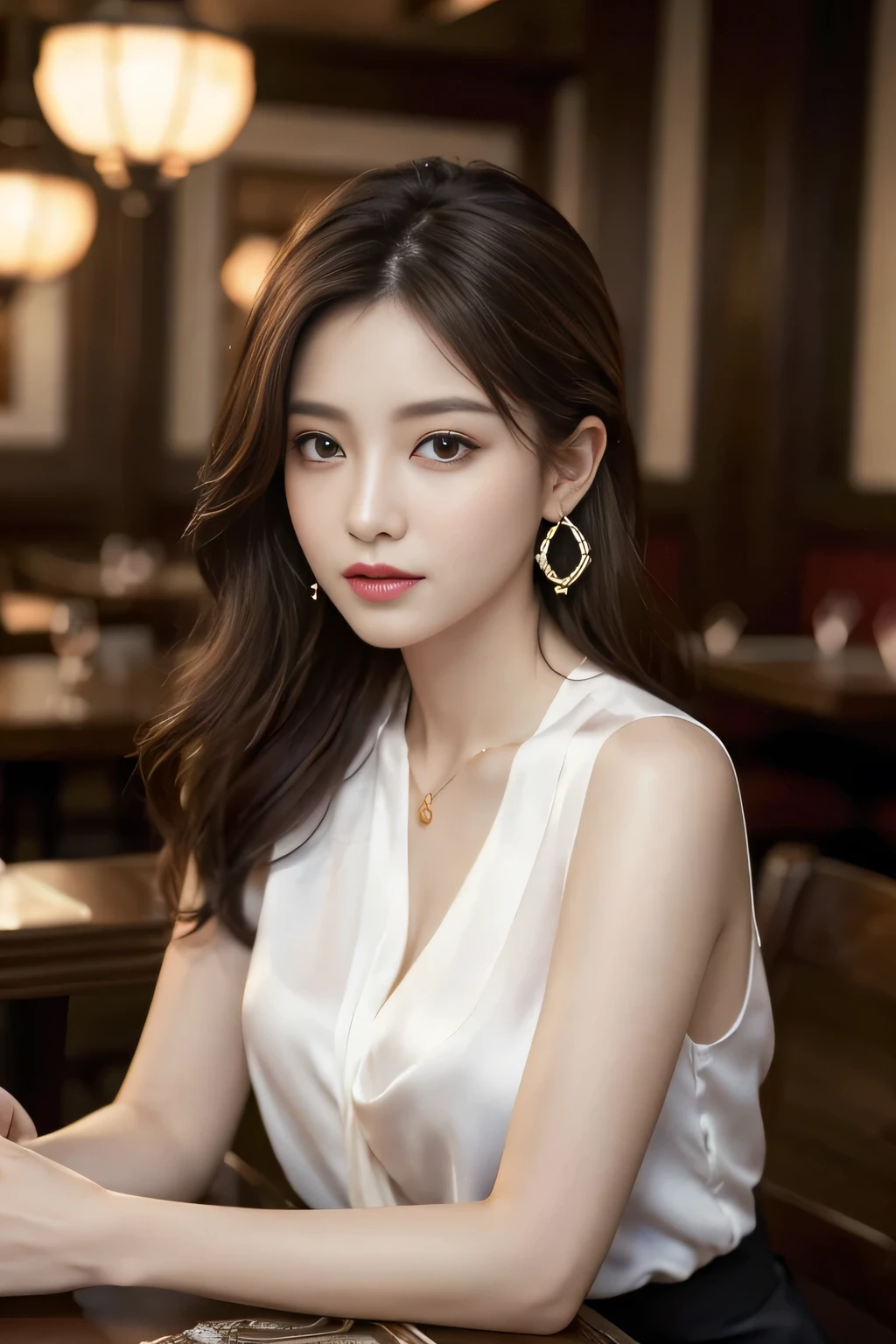 masterpiece, Highest quality, Realistic, Very detailed, Finer details, High resolution, 8k wallpaper, One beautiful woman, Wear a silk shirt in a good color, In a great restaurant, At night, Light brown messy hair, Perfect dynamic composition, Beautiful and beautiful eyes、Big earrings、chest、Sleeveless shirt、