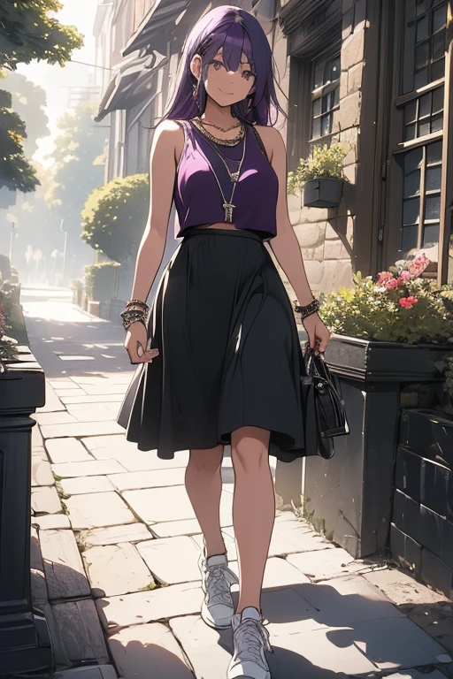 ((masterpiece, best quality, ultra-detailed)), 1girl, beautiful woman walking through a garden, smiling, red tank top, bracelet, necklace, black pencil skirt, white sneakers, black socks, wearing headphones, full body, purple hair