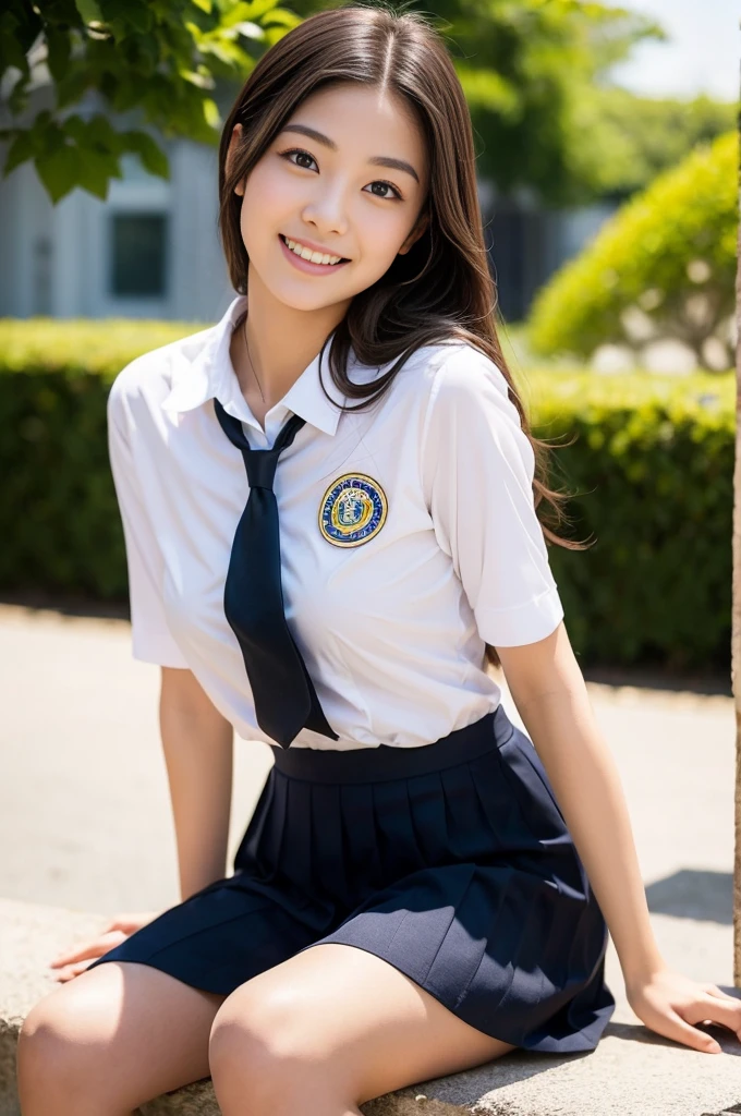 Pure young Japanese school girl, natural body, beautiful legs, wearing summer uniforms, natural black hair styles, impressive big brown eyes, no makeup, thick eyebrows, pure smile, refreshing in summer sunlight, feeling soft breeze in hair, sitting, relaxed pose, sexual attractive, professional portrait photography, 