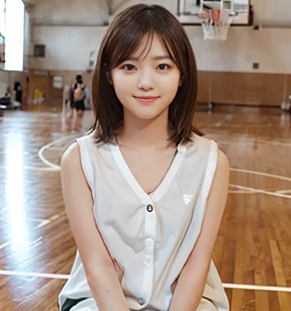 Best image quality、Highest quality、masterpiece、Ultra-high resolution、、immature、Realistic:1.4、Professional Lighting、Cute school girl、The cutest Nishino Nanase、Baby Face、Very short hair、thin、Moderate size chest cup bust、Large erect nipples、smile、（Basketball Player、（Wearing a basketball uniform）、School gym:1.6、Sitting on the basketball court）