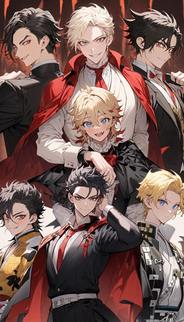 black suit and red tie、Man wearing a red cloak, Anime handsome guy, ハンサムな男性のvampire, Alucard, Handsome anime pose, Handsome men from Demon Slayer, Handsome Japanese Devil Boy, High-quality portraits, Beautiful androgynous prince, [[[[smile wickedly]]]], Male Anime Characters, vampire
