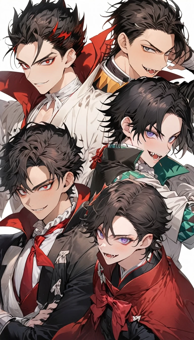 black suit and red tie、Man wearing a red cloak, Anime handsome guy, ハンサムな男性のvampire, Alucard, Handsome anime pose, Handsome men from Demon Slayer, Handsome Japanese Devil Boy, High-quality portraits, Beautiful androgynous prince, [[[[smile wickedly]]]], Male Anime Characters, vampire

