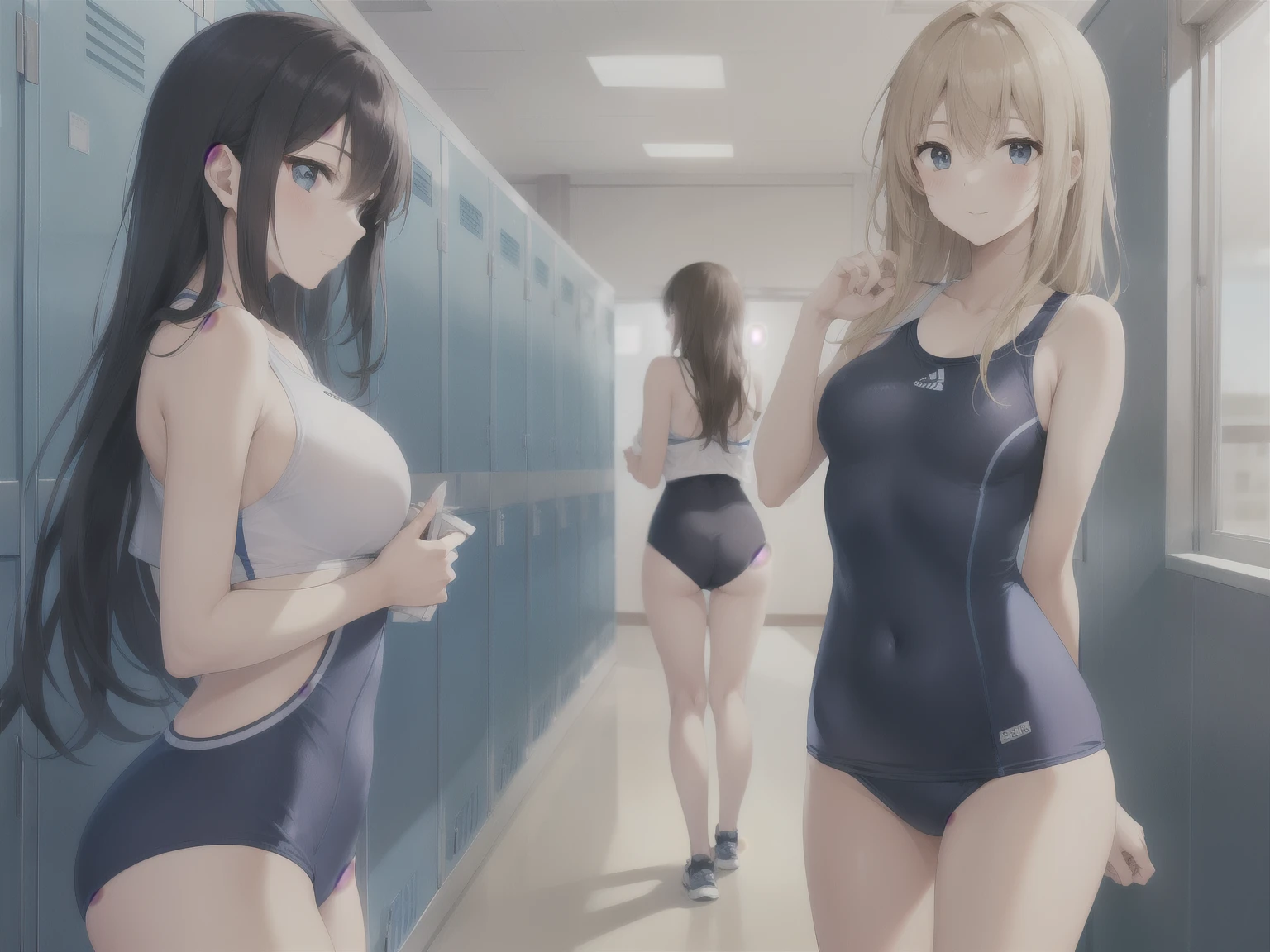 In a high school locker room，Several female high school students are changing into swimsuits