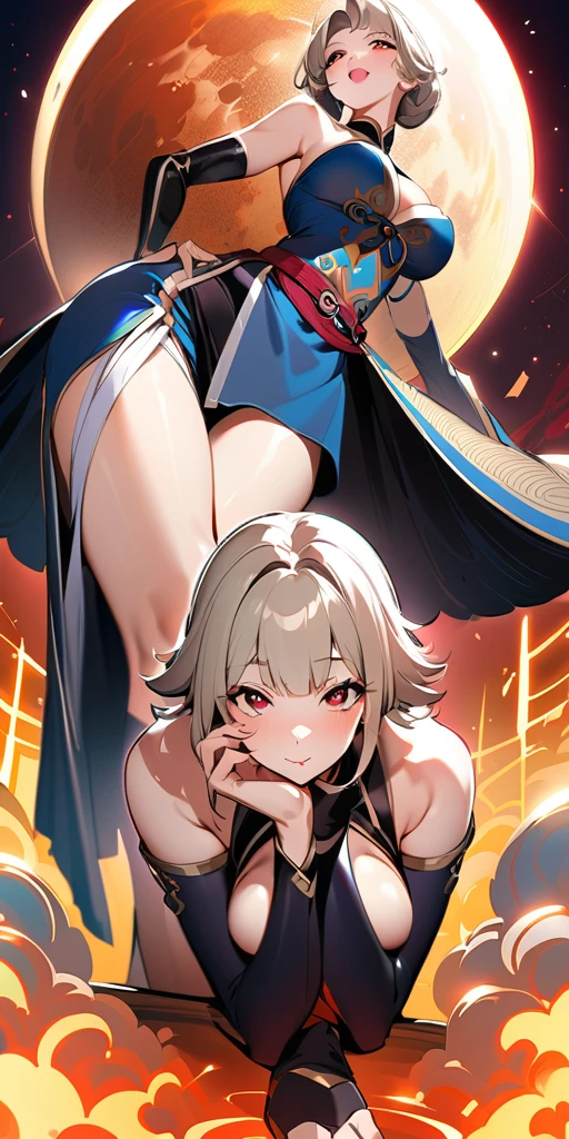 ((Highest quality、masterpiece、Anime Style、Highest quality、High resolution、8k、detailed、ultra-detailed:1.3))、Long legs、Sharp focus:1.2, Beautiful woman with perfect figure:1.4、(smile:1.2), double eyelid、30-year-old woman、Sexy pose、((((Shut your mouth.、One Woman、Chinese clothing:1.5)))),The background is another world