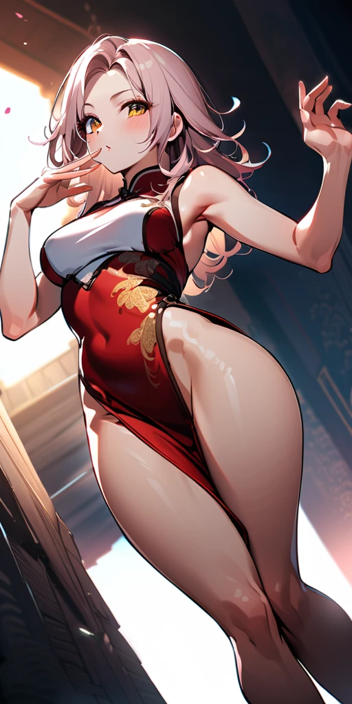 ((Highest quality、masterpiece、Anime Style、Highest quality、High resolution、8k、detailed、ultra-detailed:1.3))、Long legs、Sharp focus:1.2, Beautiful woman with perfect figure:1.4、(smile:1.2), double eyelid、30-year-old woman、Sexy pose、((((Shut your mouth.、One Woman、Chinese clothing:1.5)))),The background is another world