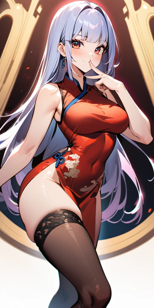 ((Highest quality、masterpiece、Anime Style、Highest quality、High resolution、8k、detailed、ultra-detailed:1.3))、Long legs、Sharp focus:1.2, Beautiful woman with perfect figure:1.4、(smile:1.2), double eyelid、30-year-old woman、Sexy pose、((((Shut your mouth.、One Woman、Chinese clothing:1.5)))),The background is another world