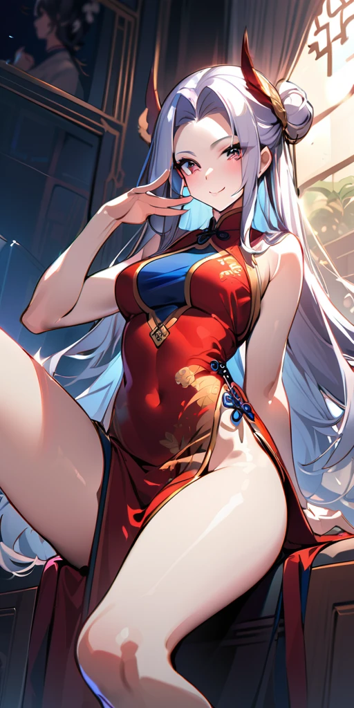 ((Highest quality、masterpiece、Anime Style、Highest quality、High resolution、8k、detailed、ultra-detailed:1.3))、Long legs、Sharp focus:1.2, Beautiful woman with perfect figure:1.4、(smile:1.2), double eyelid、30-year-old woman、Sexy pose、((((Shut your mouth.、One Woman、Chinese clothing:1.5)))),The background is another world