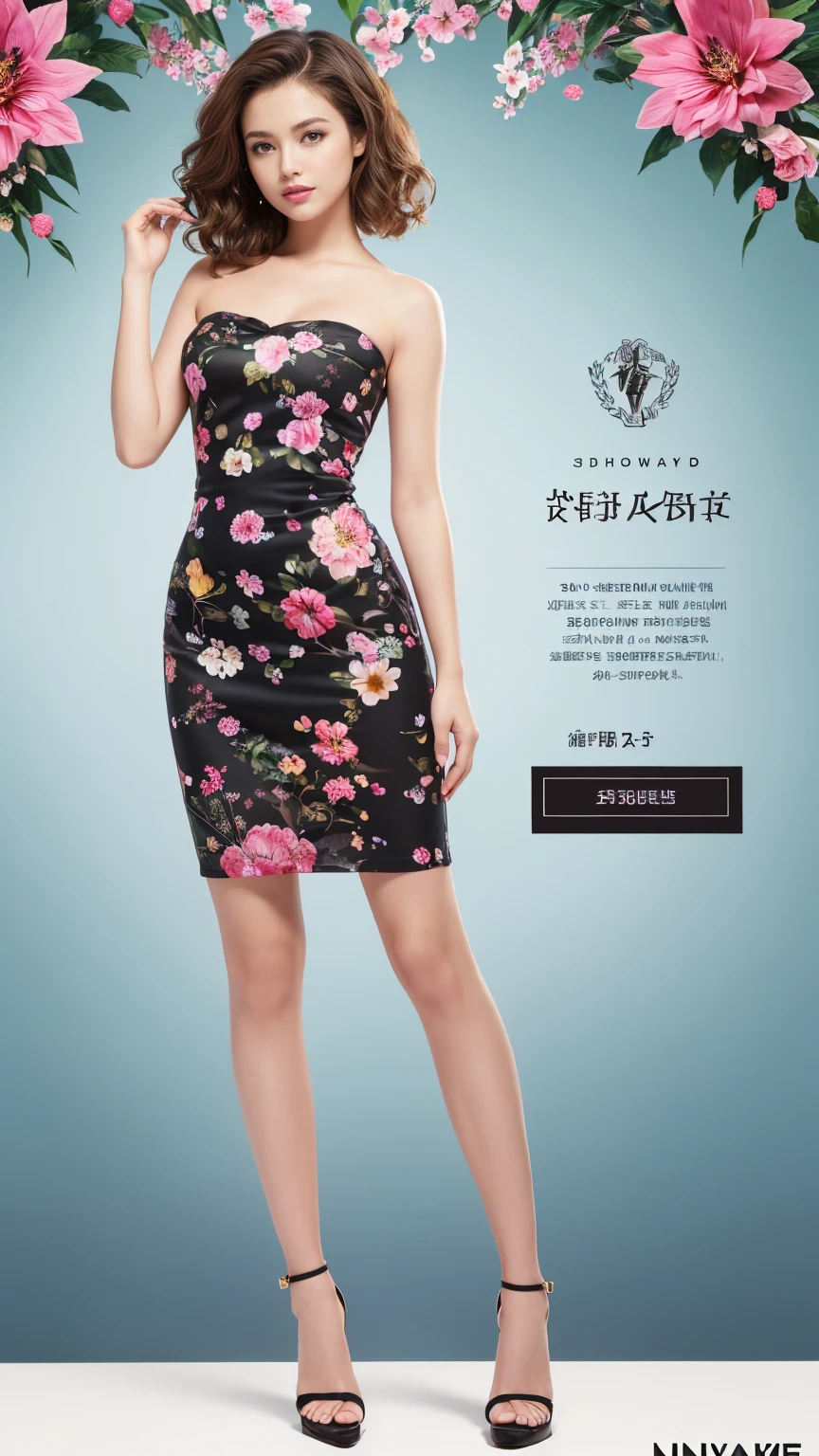 ((masterpiece)),(((Highest quality))),Character design sheet:1.5，Long legs,Slender figure:1.5，whole body:1.5，(One Girl:1.3),(Viewer Display:1.4)，(Pointy high heels:1.3),(Stand with legs apart:1.2),(Wearing a floral and plant print mini dress:1.2), Curly Hair:1.5，High waist:1.5，