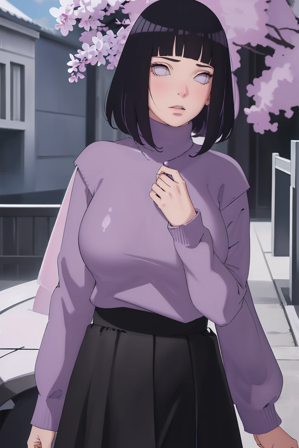 { - anatomy error} (Masterpiece - Ultra-detailed, very high resolution) (huge titusty, masterpiece, absurdres, hinata\(boruto\), 1girl, solo,mature female, lilac turtleneck blouse, black pant , looking at viewelling , perfect composition, detailed lips, big breast, beautiful face, body propotion, blush, (pink lips), short hair, (black hair), purple eyes, soft gaze, super realistic, detailed, photoshoot, realistic face and body, closed mouth , lilac eyes, full body, upper body , walking, inocent face