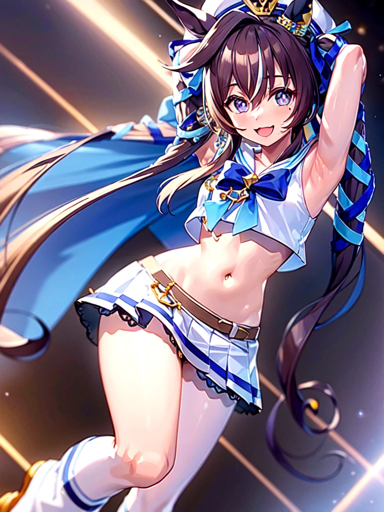 masterpiece, best quality, detailed, highly detailed, ultra detailed, extremely detailed CG, high resolution, 4K, vivlos \(umamusume\), horse tail, hat, white sailor collar, bare shoulders, blue ribbon, small cape, strap, anchor ornament, bodystocking, belt, bare knees, white pleated skirt, white boots, smile, arm up, armpits,