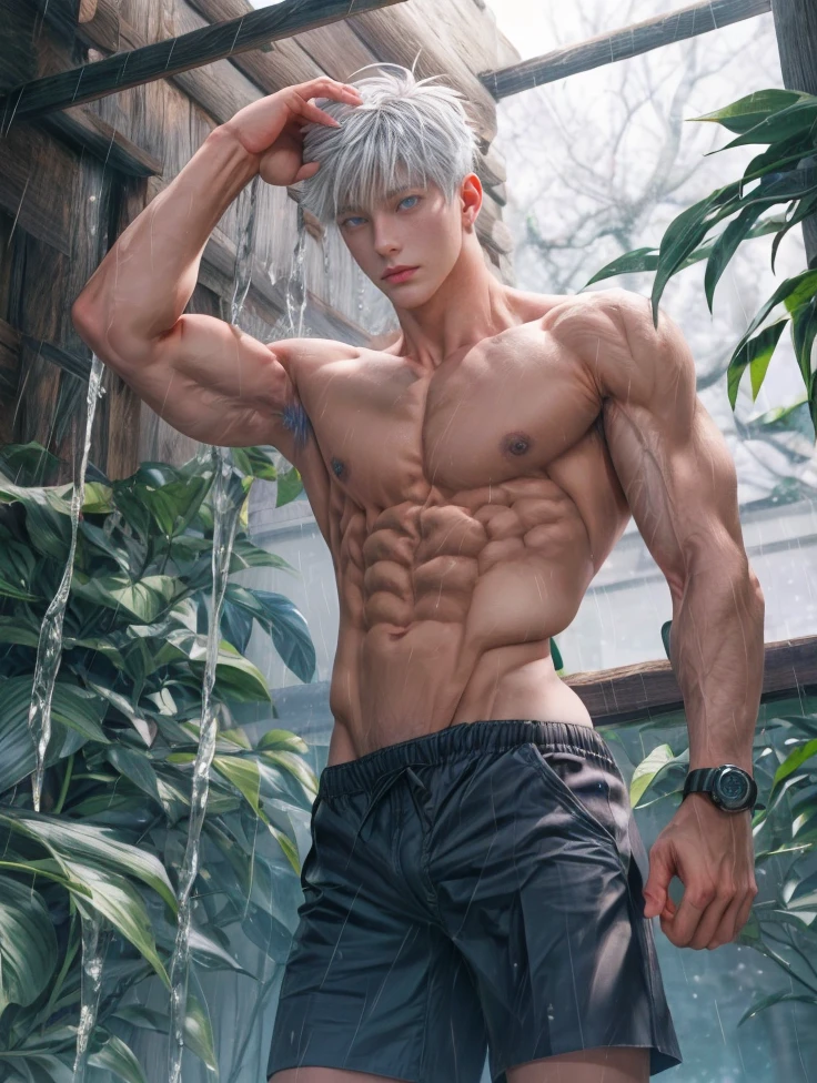 1boy, adult, handsome, perfect face, detailed eyes and face, clean shaved, muscular, capturing a rural atmosphere, dynamic lighting, unreal engine 5, hd picture, satoru gojo, white hair, short hair ,hair between eyes ,blue eyes, white skin, rain details