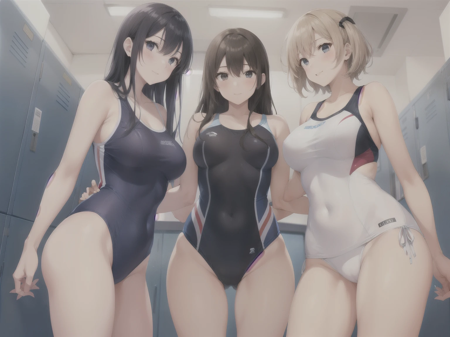 In a high school locker room，Several female high school students are changing into swimsuits