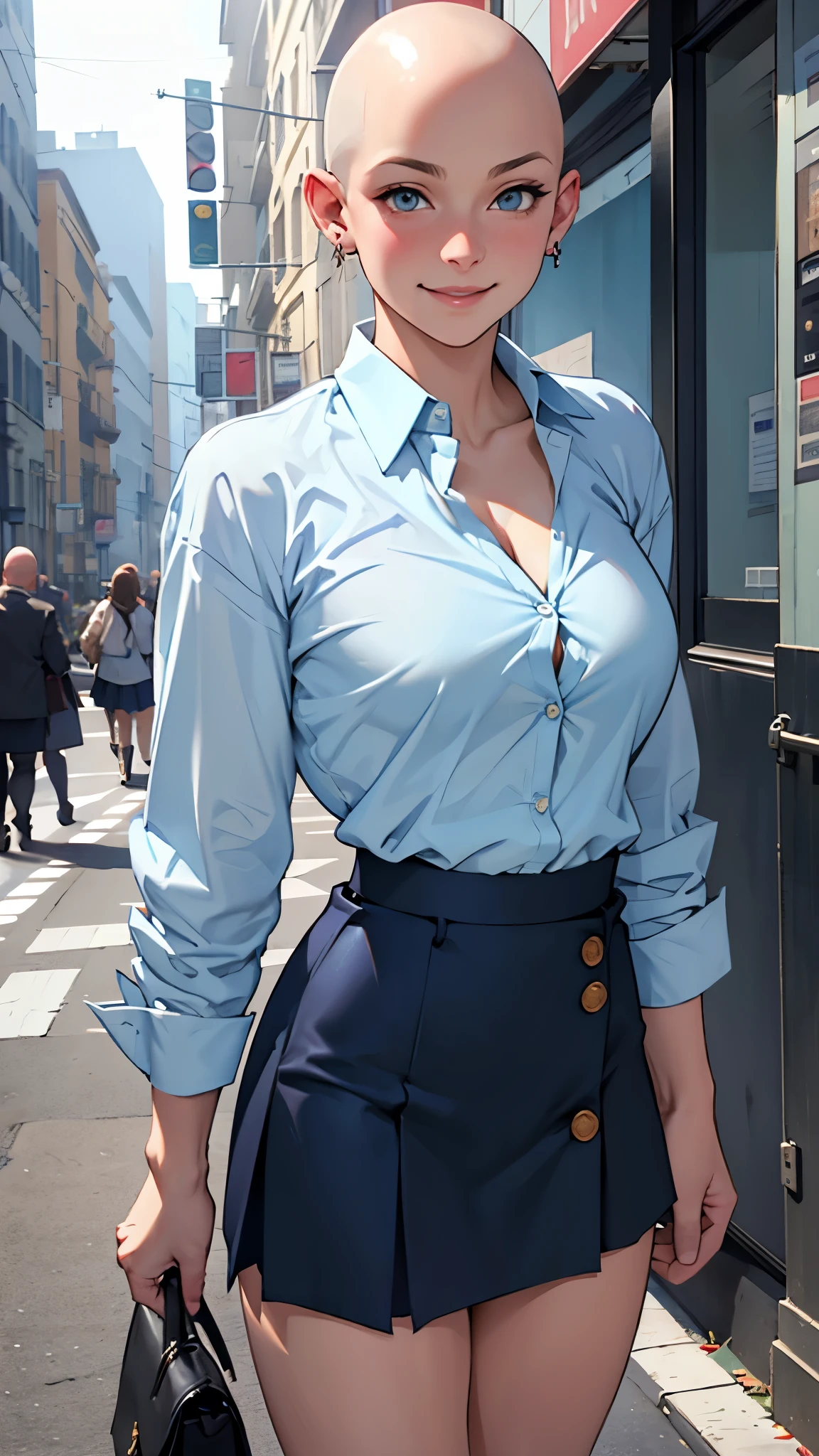 beautiful young white bald girl wearing blue button down shirt and dark skirt meeting you on a street, bald, shaved head, naughty, biting lip, smile, earrings, busty, light blue button down shirt, open collar, unbuttoned, (unbuttoned cuffs), raised arm, cleavage, sweat stain, dark skirt, detailed, asura, highly detailed shading