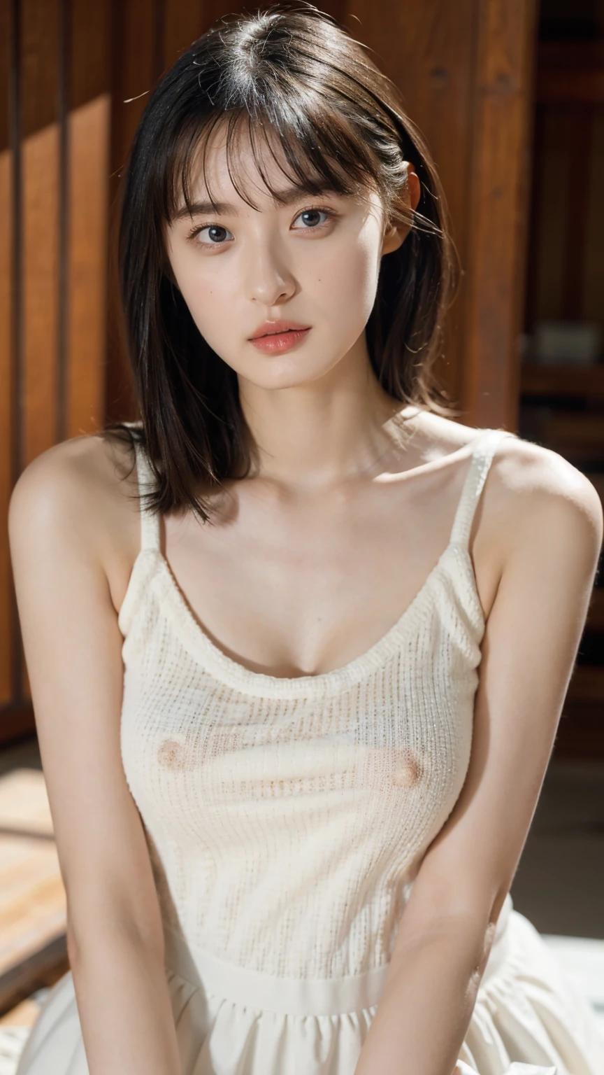 1girl, woman, masterpiece, best quality, highest quality, (volumetric lighting), extremely detailed CG unity 8k wallpaper, focused, 8k wallpaper, extremely detailed, ultra realistic, photorealistic, sharp focus, absurdres, (HDR:1.2), (high contrast), photograph, detailed and intricate, instagram, portrait, highly detailed, digital painting, artstation, concept art, smooth, sharp focus, illustration, (natural big breast), medium shoulder, looking at the viewer, yo, slender body, skinny, knit strap tanktop.