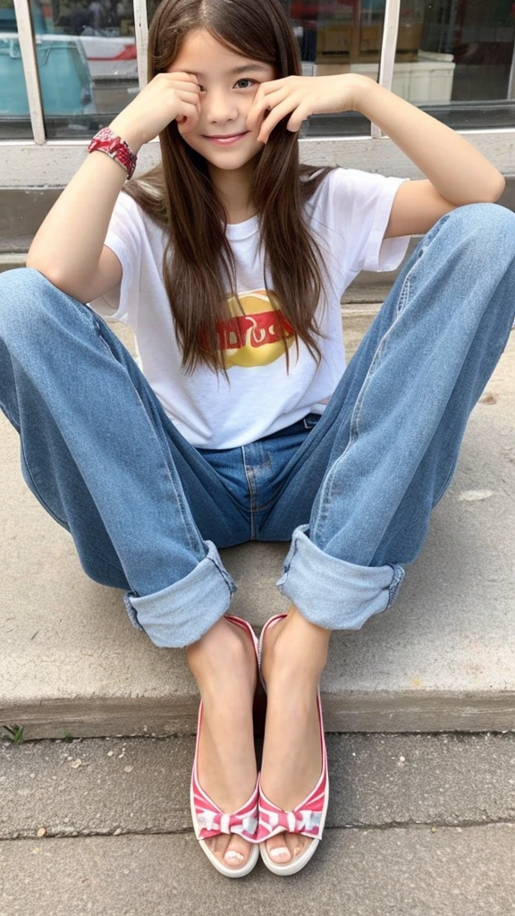 Children 13 years old、1 Beautiful girl、So cute、very short jeans、Eating a big hamburger、Slim and beautiful bare feet、White sneakers