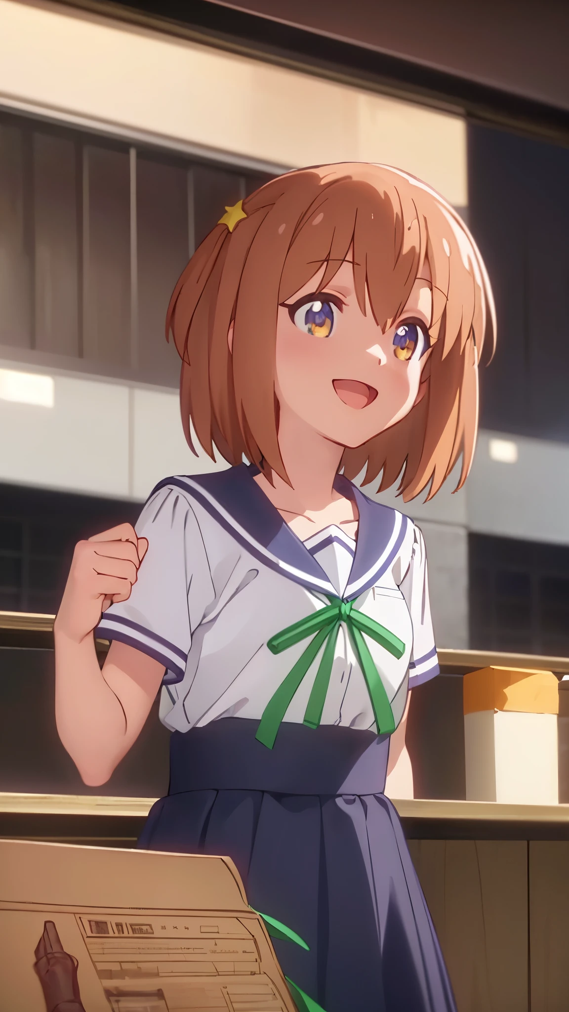 {Highest quality:1.5}, (masterpiece:1.3), Upper Body, High resolution, one person, one personの少女, アニメ_Coloring, clavicle, glistening, Sailor suit, Short sleeve_uniform, uniform, green_ribbon, Navy Blue_skirt, {looking up:1.5}, (Beautiful attention to detail:1.6), Highly detailed face, Highly detailed CG, (Perfect hands), Low angle, Slender, small breasts, smile, joyful, big smile, happy smile, heartwarming smile, :d