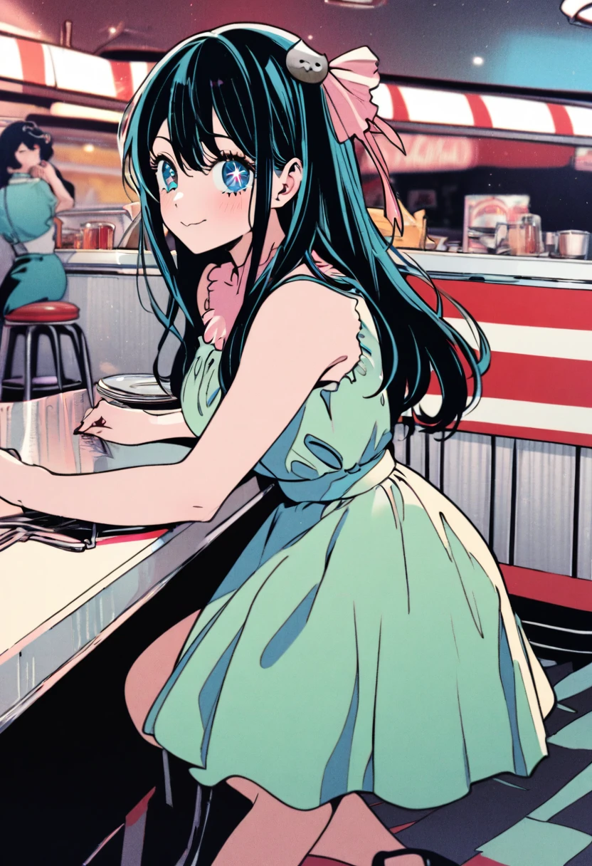 1girl, hoshino ai \(oshi no ko\), oshi no ko, technicolor, 1950s style dress, retro diner,masterpiece, best quality, absurdres,