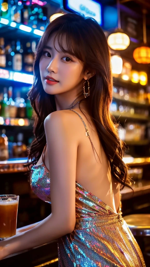 extreme close-up of beautiful beautiful korean female, 34 inch breasts size, wearing long dress, singer ng in the bar, cinematic scene, UHD