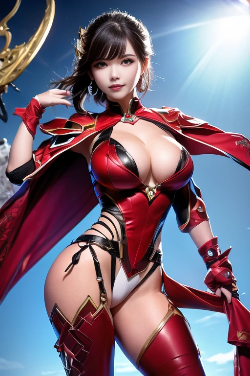 game art，best picture quality，Highest resolution，8k，((A half-length photo))，((portrait))，(rule of thirds)，Unreal Engine 5 rendering works， (Future girl)，(female warrior)， 22-year-old young hacker)，(ancient oriental hairstyle)，(Beautiful eyes full of details)，(big breasts)，(eye shadow)，Elegant and charming，indifferent，((frown))，(A battle suit full of futuristic technology，The costume combines futuristic power armor and，Clothing is decorated with glittering patterns and emblems)，cyberpunk characters，in the style of futuristic， lamp，Ray tracing，Game CG，((3D Unreal Engine))，OC rendering reflection pattern