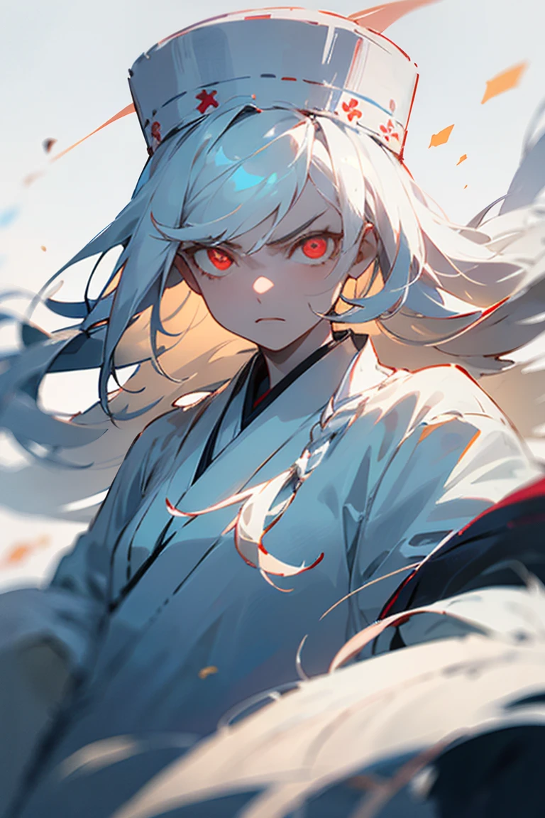 ((melhor qualidade)), ((obra de arte)), (detalhado), female, red eyes, long hair, white hair, pale skin, white cerimonial hat, white clothes, Japanese clothes, serious face, crimsom eyes, glowing eyes, serious expression