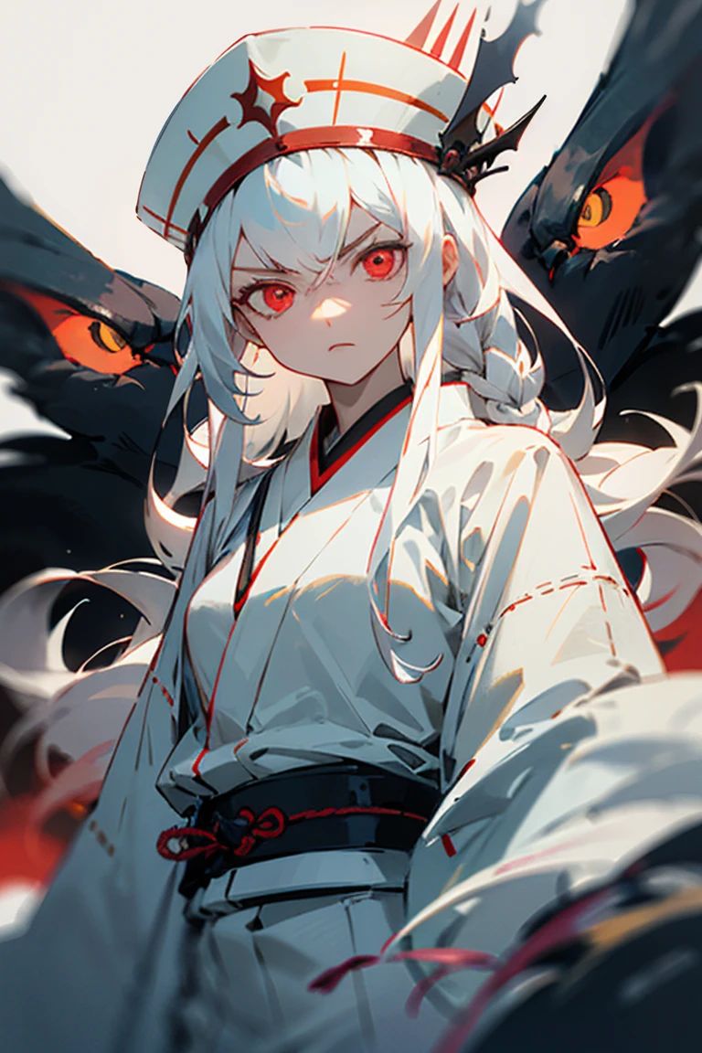((melhor qualidade)), ((obra de arte)), (detalhado), female, red eyes, long hair, white hair, pale skin, white cerimonial hat, white clothes, Japanese clothes, serious face, crimsom eyes, glowing eyes, serious expression