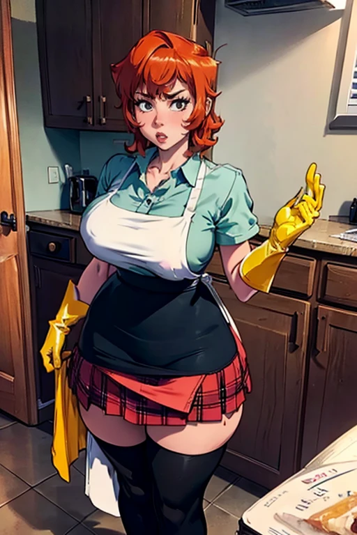 (High resolution,realist:1.2),beautiful,Cute mother and age son in a kitchen, mother with yellow gloves, mother with apron, mother with red and sexy underwear, lifts her skirt to show her underwear , mother look very angry, broken shirt.