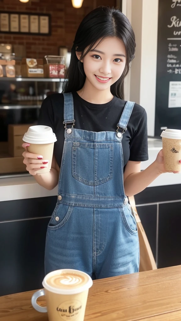 beauty、Smile、Black Hair、Coffee Shop，Overalls