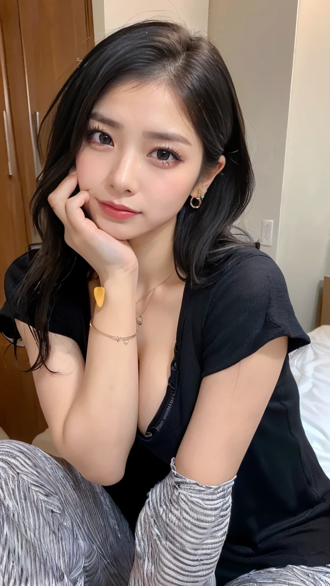 (masterpiece, Highest quality:1.3), smile、(Very detailed:1.2), (hyperRealistic:1.3), (RAW Photos:1.2),(Spread your legs:1.4)、High resolution raw color photos, Professional photos, (PhotoRealistic:1.4), (Realistic:1.4),(Small Nose:1.4)、(Sweaty:1.4)、Big eyes、Long eyelashes、Professional Lighting, Perfect Anatomy, (Large Breasts:1.2), (Detailed face), (Cute appearance:1.5), (Black hair half-up:1.5), necklace, bracelet, sexy, erotic sexy, (足を開いたsexyなグラビアポーズ:1.8), (Beautiful woman in pajamas: 1.3)、On the bed、(Multiple ear piercings:1.4)