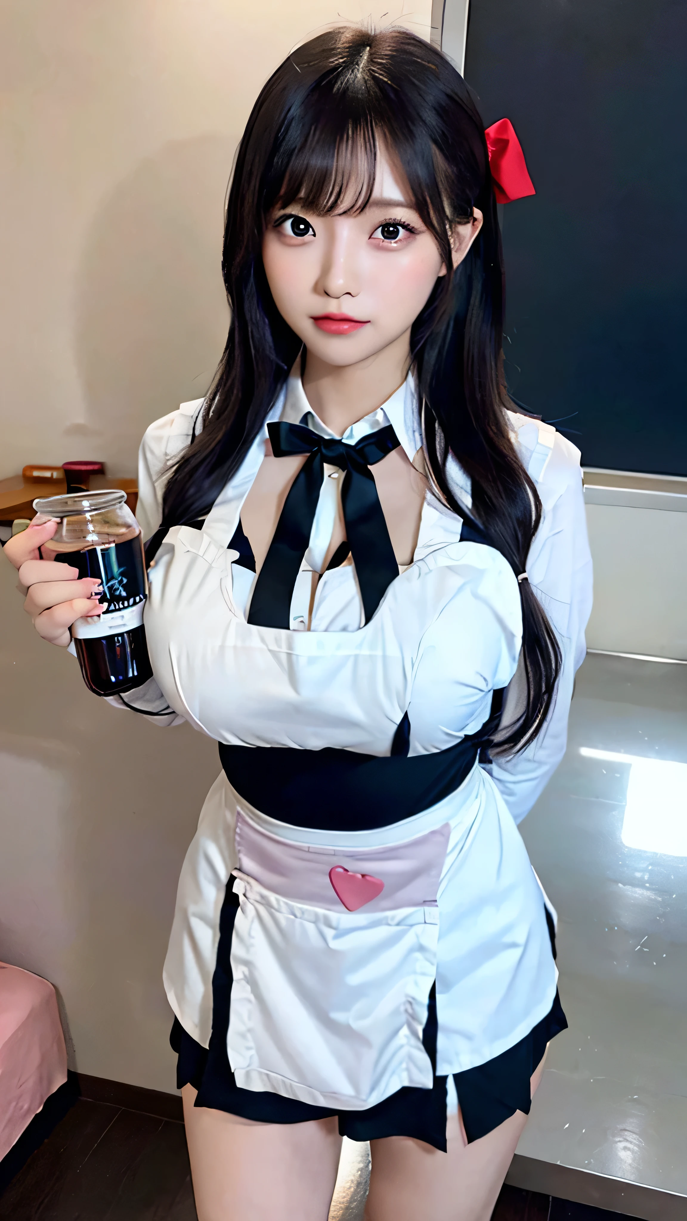 top-quality、8K、profetional lighting、Shiny skin、large 、Large breaerbust、a small face、Big eyes、big butts、(hugem chest) ,(Narrow waist,toned thighs), (Beautiful eyes,Beautiful hair)、Nursery teacher、preschool teacher、Cute apron、heart shaped name tag、baby bottle in hand