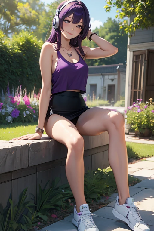 ((masterpiece, best quality, ultra-detailed)), 1girl, beautiful woman posing in garden, smiling, red tank top, bracelet, necklace, black pencil skirt, white sneakers, black socks, wearing headphones, full body, purple hair, hand on hip