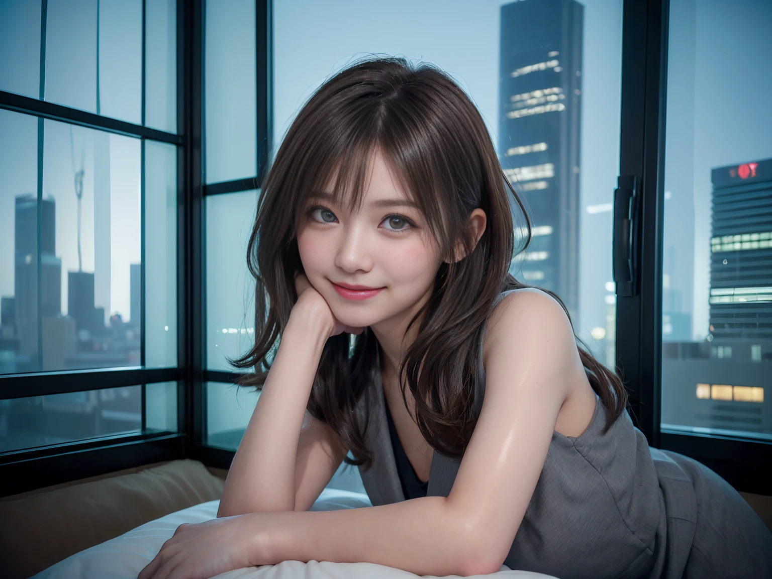 Highest quality, 8k, Tabletop, Realistic, Realistic, , (窓からはLate Nightの大都会の夜景、)、 Detailed face, Beautiful Face, , Beautiful woman,((Gray detailed eyes、Translucent skin texture、A shy smile、Fluffy hair、Light Brown Hair、Big city view from the window、Shaggy Cut、Floating Hair、、Cute Japanese Idols:1.4)). (、short hair、Floating Hair、Parted bangs、Bedroom、Sit on the bed、suit、Place your hands on your feet、Late Night、indirect lighting、Looking into the camera:1.2))