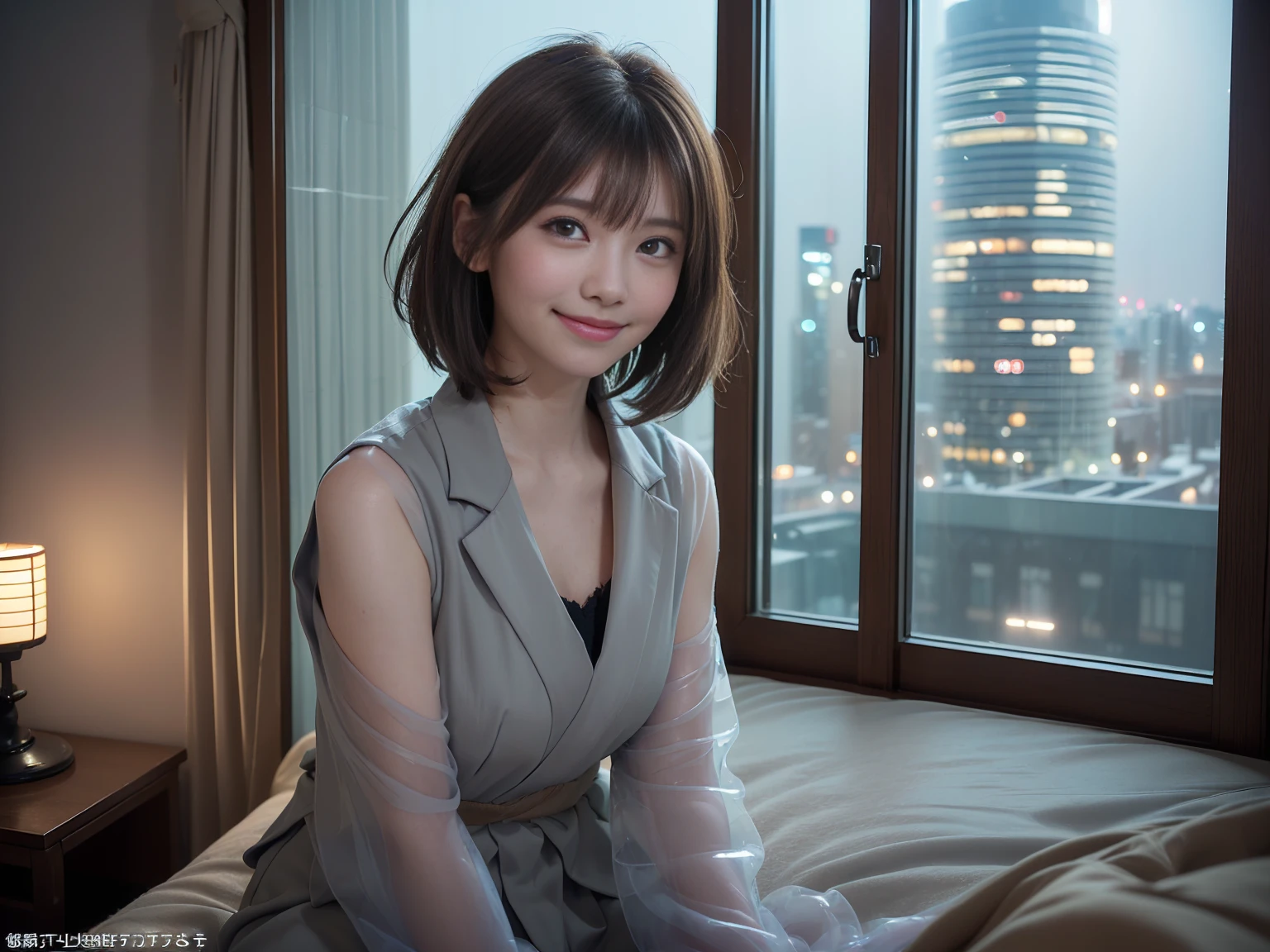 Highest quality, 8k, Tabletop, Realistic, Realistic, , (窓からはLate Nightの大都会の夜景、)、 Detailed face, Beautiful Face, , Beautiful woman,((Gray detailed eyes、Translucent skin texture、A shy smile、Fluffy hair、Light Brown Hair、Big city view from the window、Shaggy Cut、Floating Hair、、Cute Japanese Idols:1.4)). (、short hair、Floating Hair、Parted bangs、Bedroom、Sit on the bed、suit、Place your hands on your feet、Late Night、indirect lighting、Looking into the camera:1.2))