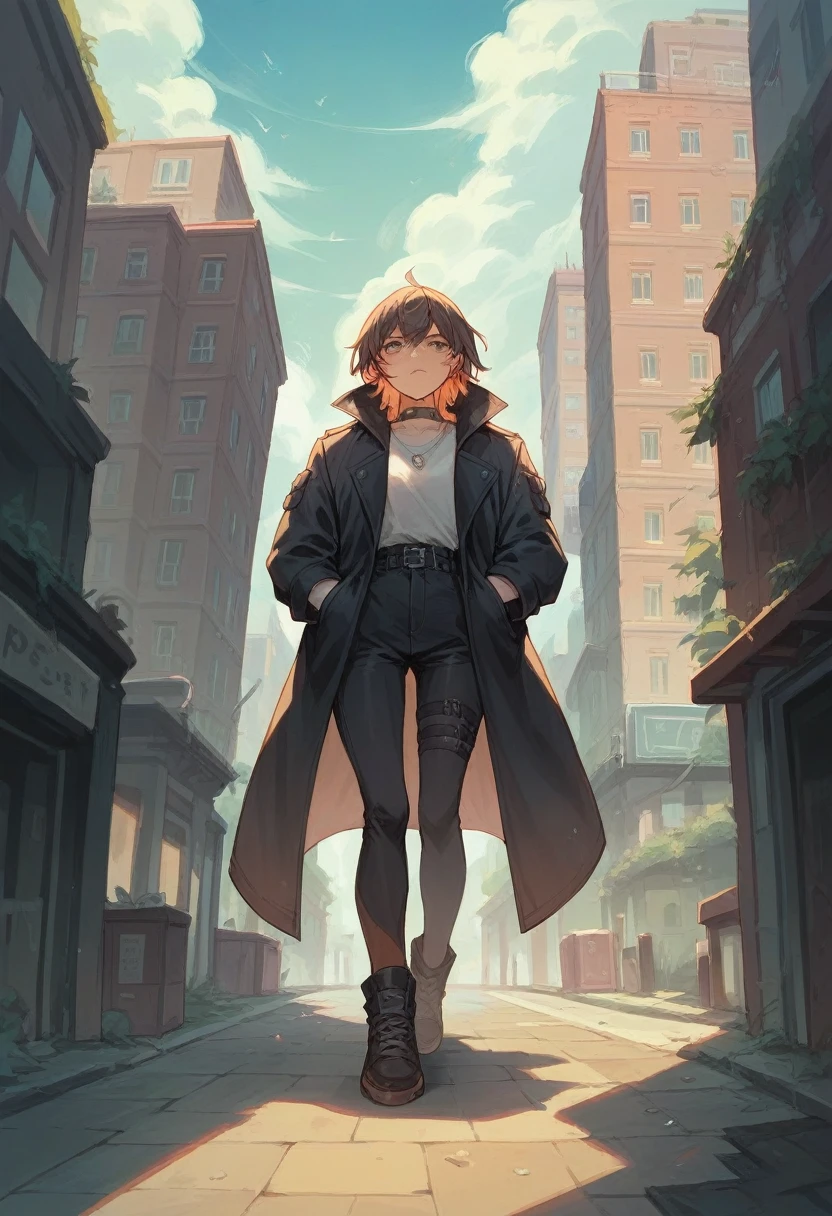 woman wearing a black trench coat while standing on the edge of a building in a city with zombies