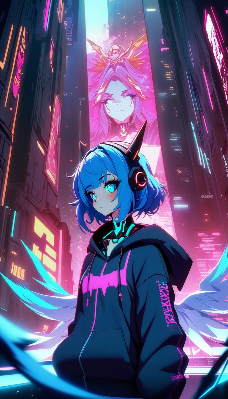 Girl with blue hair and angel wings in a dark room, Anime atmosphere, Digital Cyberpunk - Anime Art, anime cyberpunk art, Digital Cyberpunk Anime Art, Cyberpunk Anime Girl, Nightcore, female Cyberpunk Anime Girl, rossdraws cartoon vibrant, Holy Cyborg Necromancer Girl, Neon and dark, Cyberpunk Anime Girl in hoodie, Devil Anime Girl, Cyberpunk art style