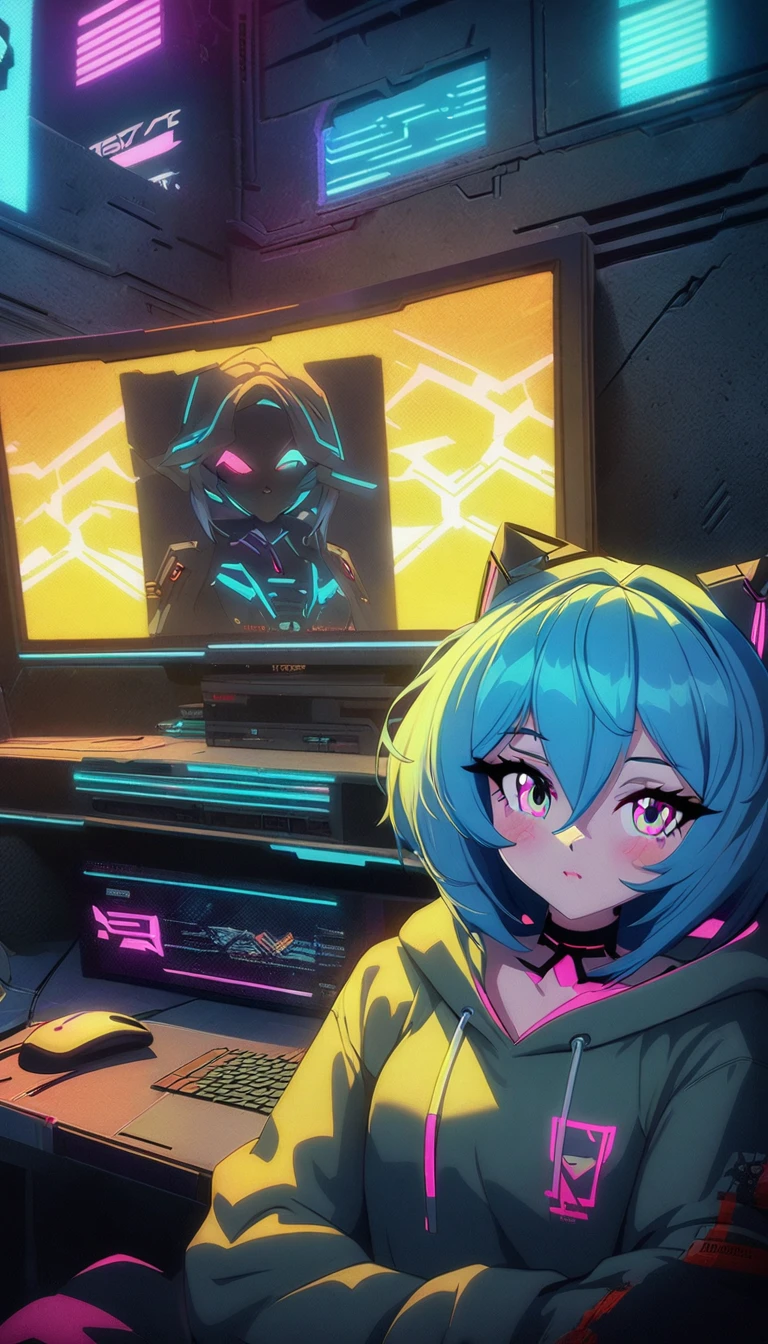 Girl with blue hair and angel wings in a dark room, Anime atmosphere, Digital Cyberpunk - Anime Art, anime cyberpunk art, Digital Cyberpunk Anime Art, Cyberpunk Anime Girl, Nightcore, female Cyberpunk Anime Girl, rossdraws cartoon vibrant, Holy Cyborg Necromancer Girl, Neon and dark, Cyberpunk Anime Girl in hoodie, Devil Anime Girl, Cyberpunk art style
