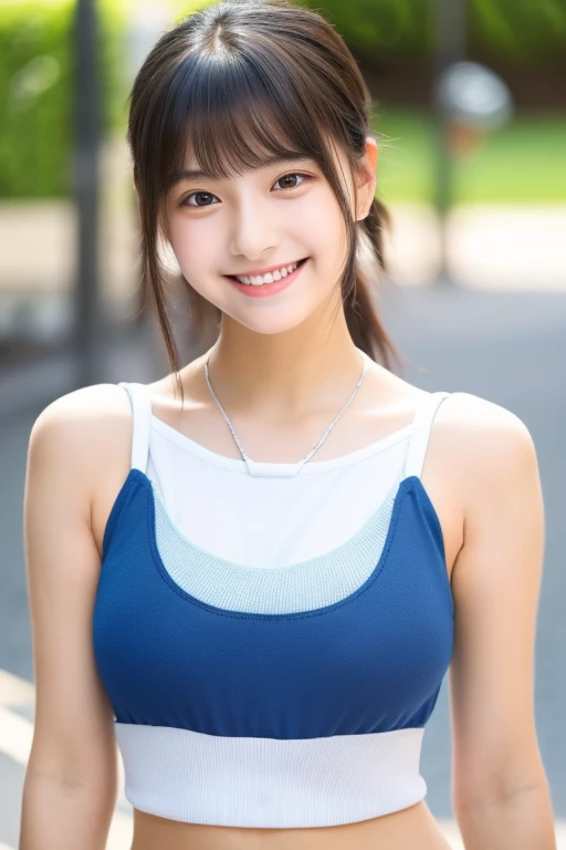(((Highest quality))) ((masterpiece)) ((Real beautiful girl)) Talented Girl (Cute face) clear ((Ba Appearance like an idol ((Tank top)) ((Shorts)) No sleeve Summer clothes he is short smile Creating Bangs