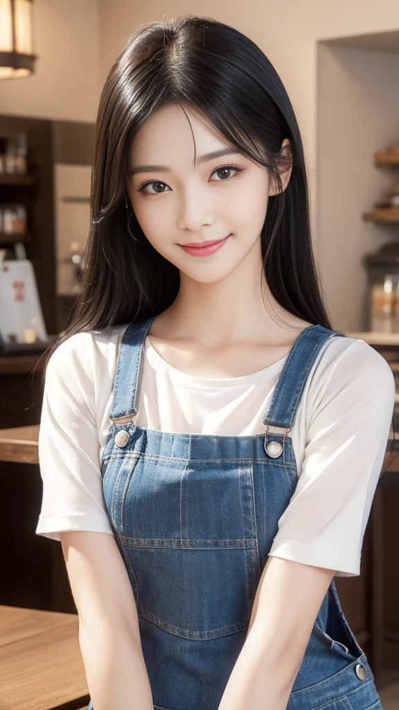 beauty、Smile、Black Hair、Coffee Shop,Overalls,best quality,Super detailed,masterpiece,Employment,8k,Extremely detailed CG unifies 8k, 8k, diamond, and wallpaper,lifelike, Surreal, The original, Intricate details,Detailed face,Exquisite eyes, Skin smooth and soft, Delicate face, Big shining eyes