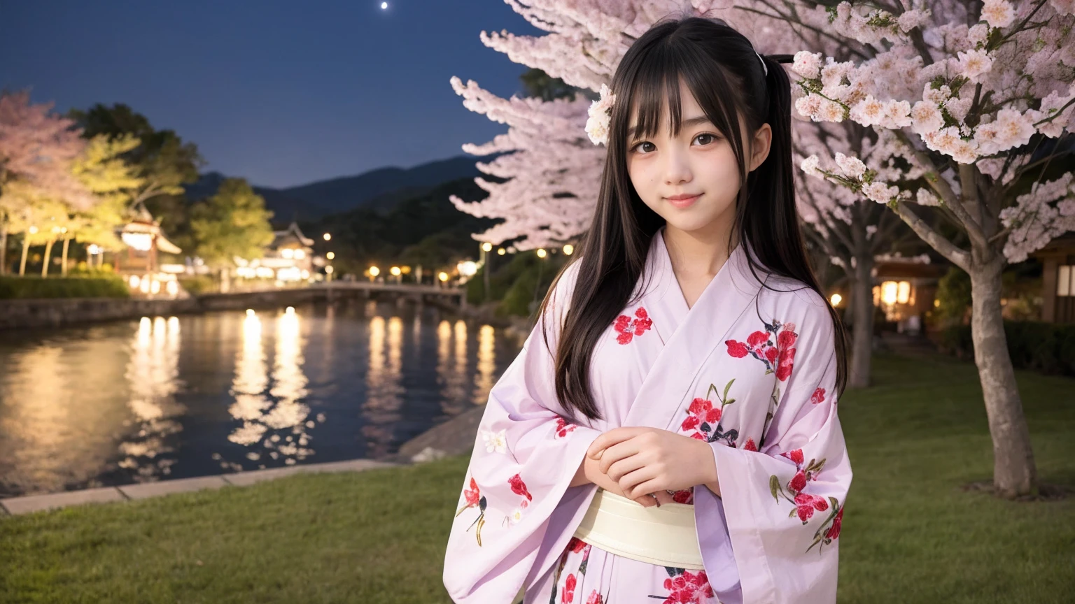 very cute、15 years old、girl、Straight Long Hair、Mid-chest、yukata、firework、Night Sky、Cherry blossom trees、yukataの胸元がはだけている、